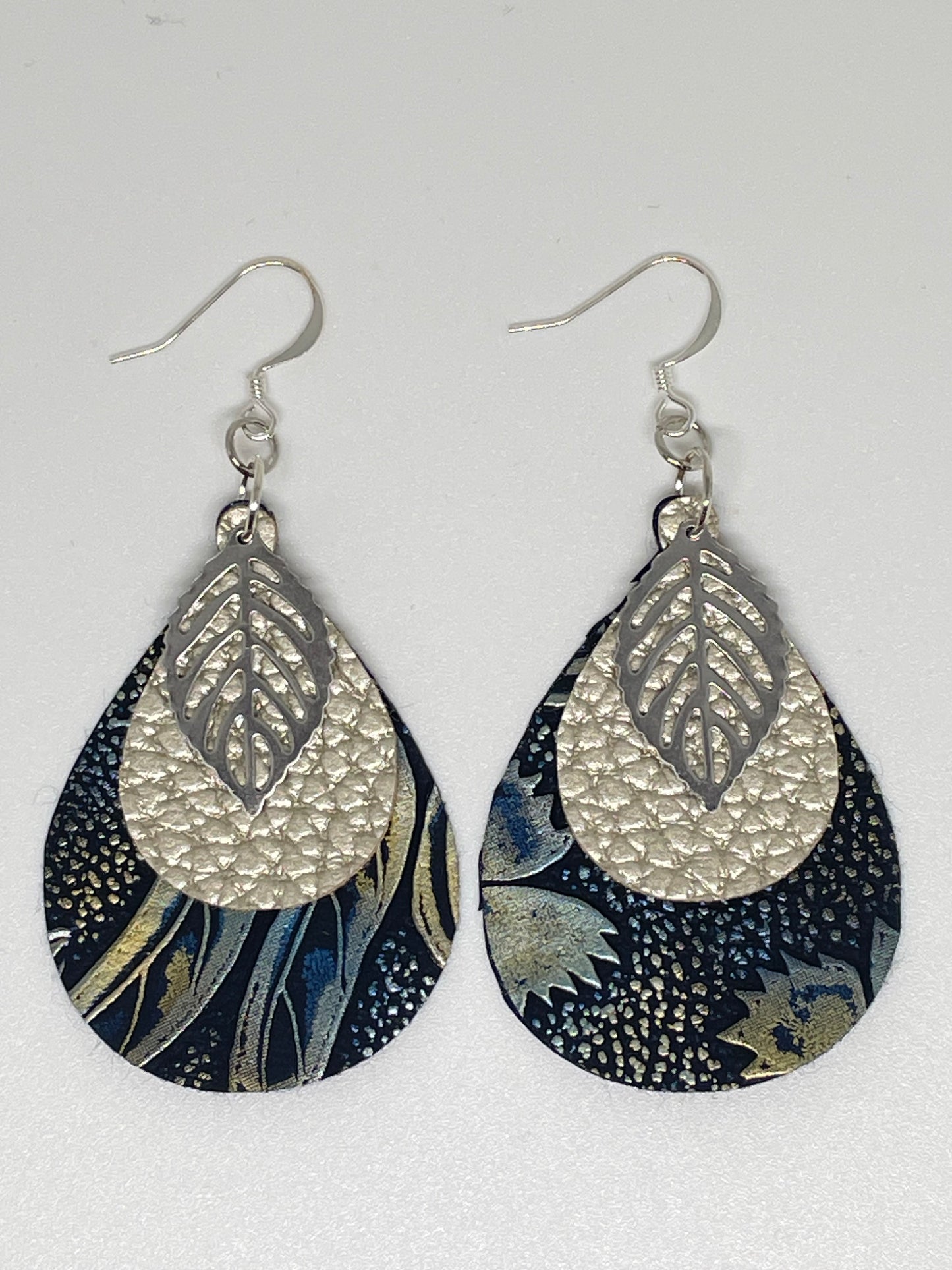 Faux Leather Teardrop Shaped Earrings with Leaf Charm