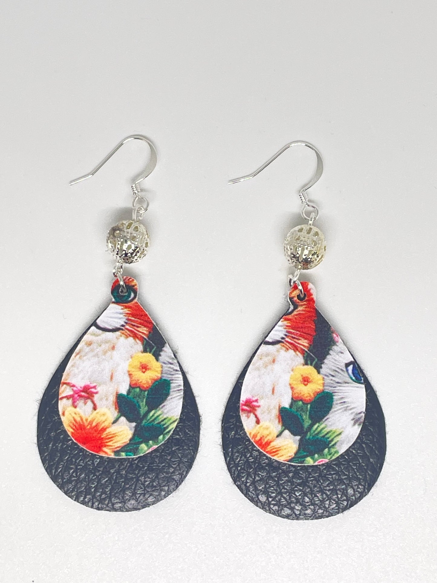 Faux Leather Cat Print Double Layer Drop Earrings