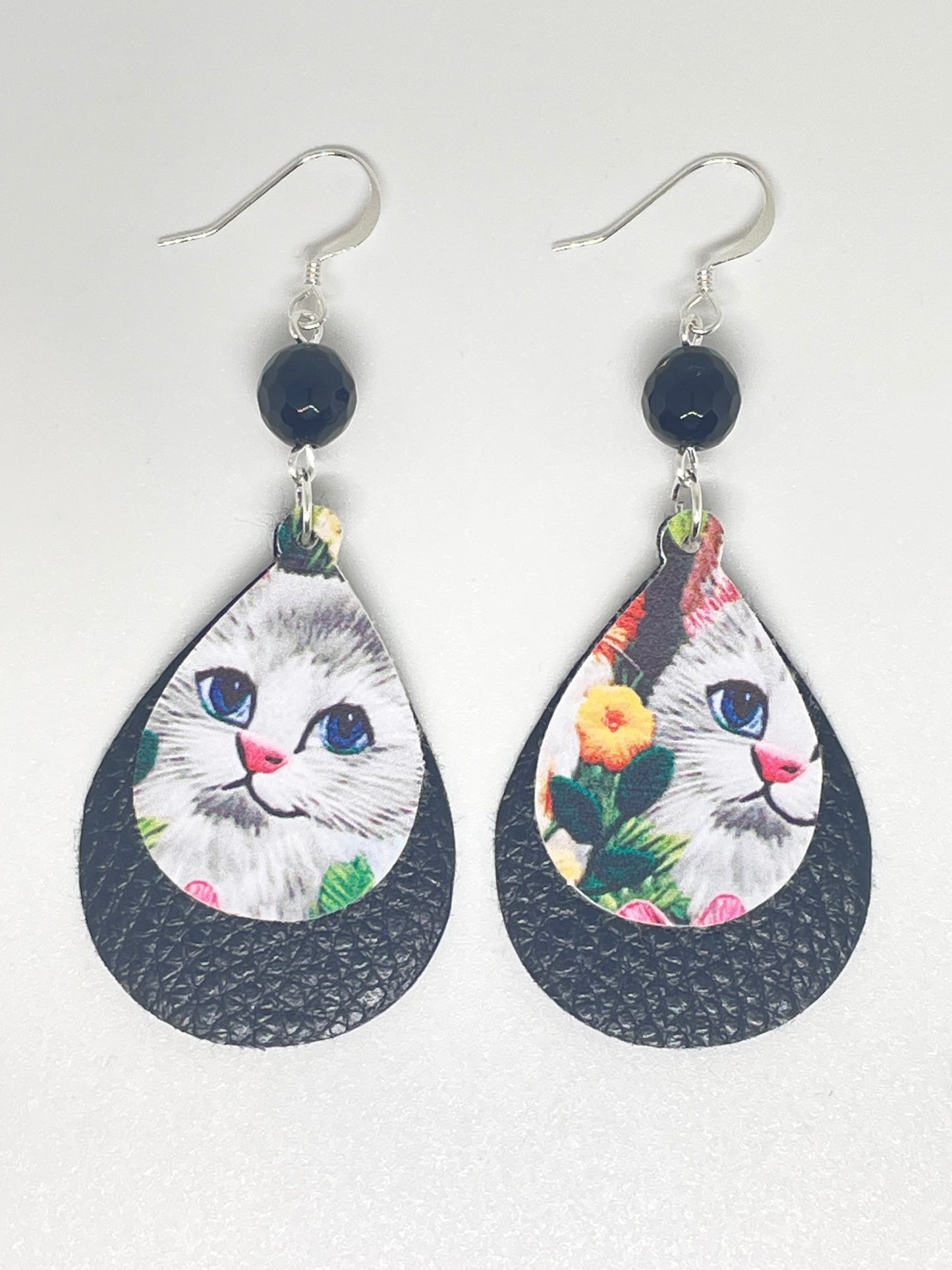 Faux Leather Cat Print Double Layer Drop Earrings