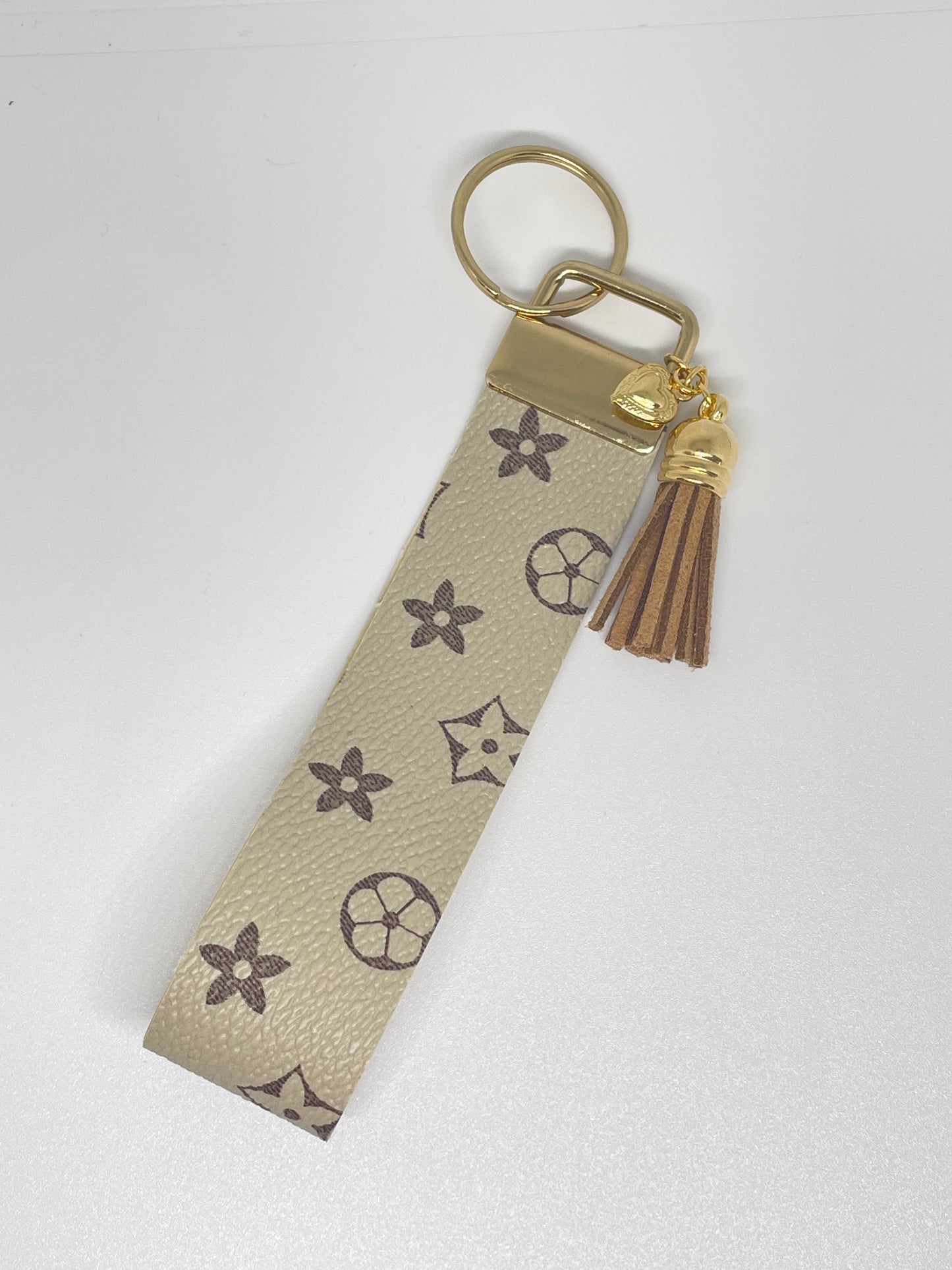 Faux Leather Wristlet - Creme with Brown Flowers