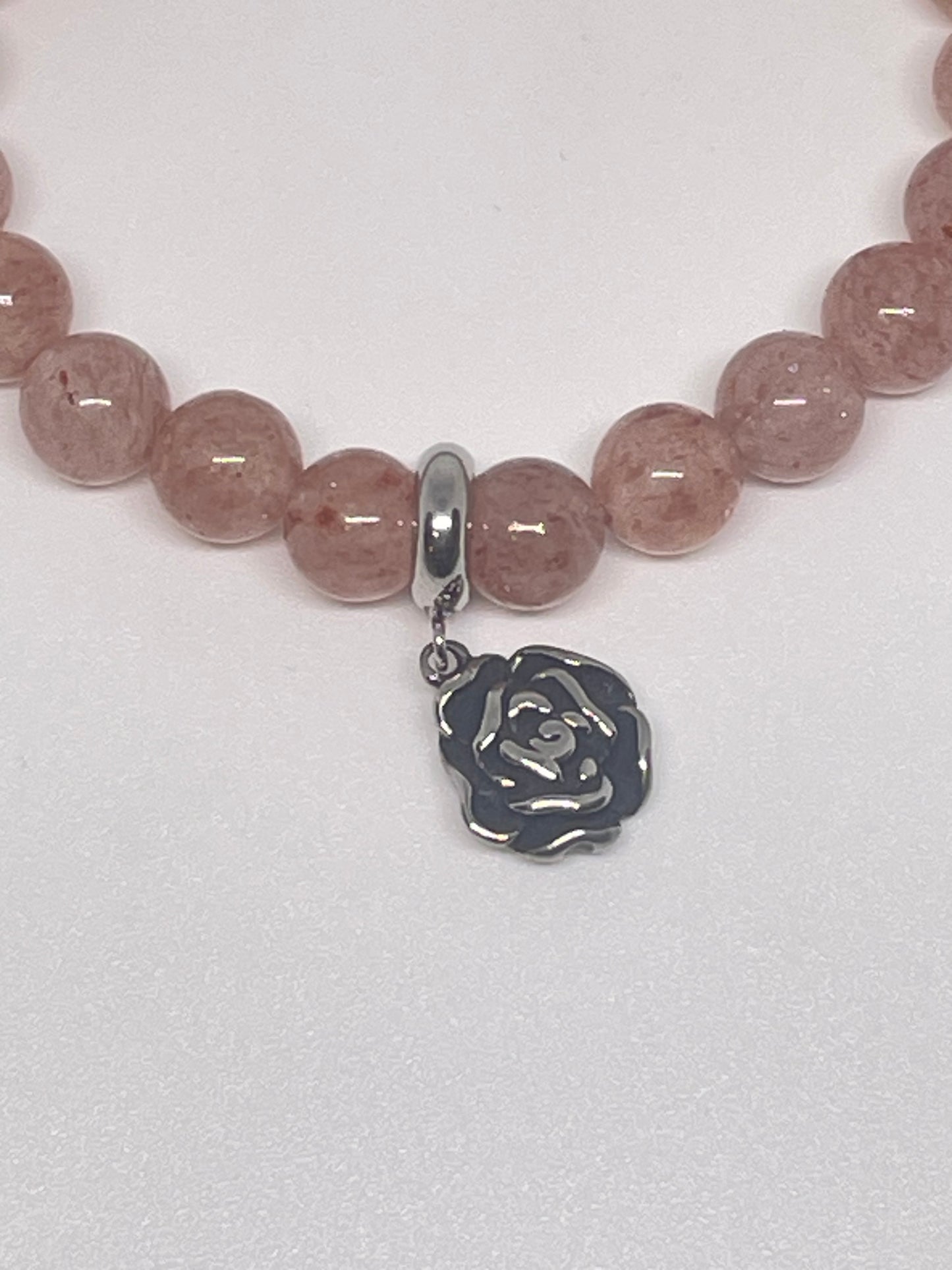 Strawberry Quartz Beaded Bracelet with a Rose Charm