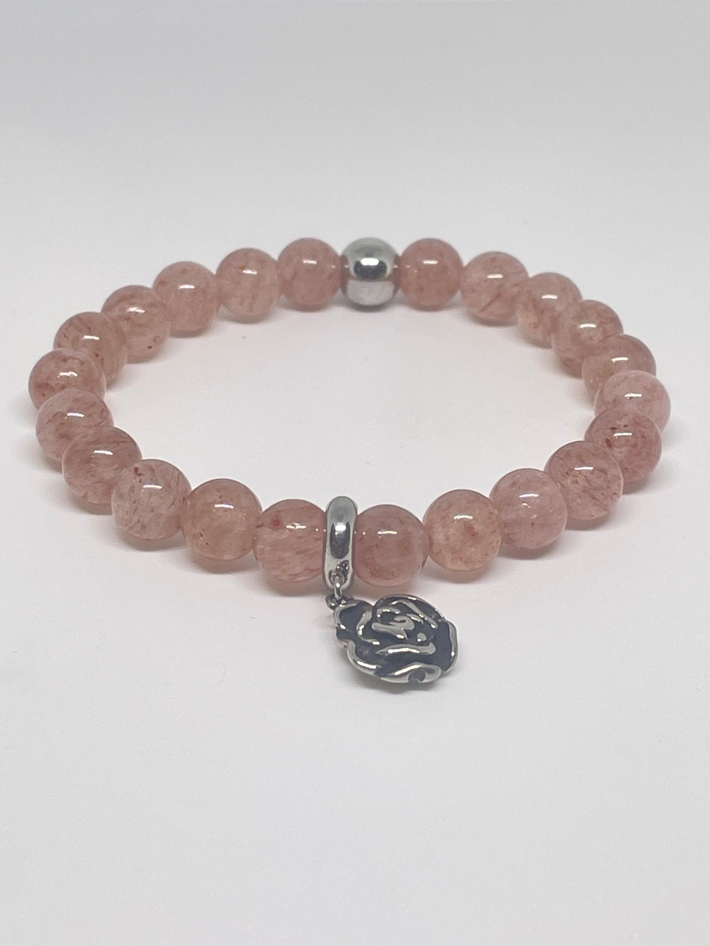 Strawberry Quartz Beaded Bracelet with a Rose Charm