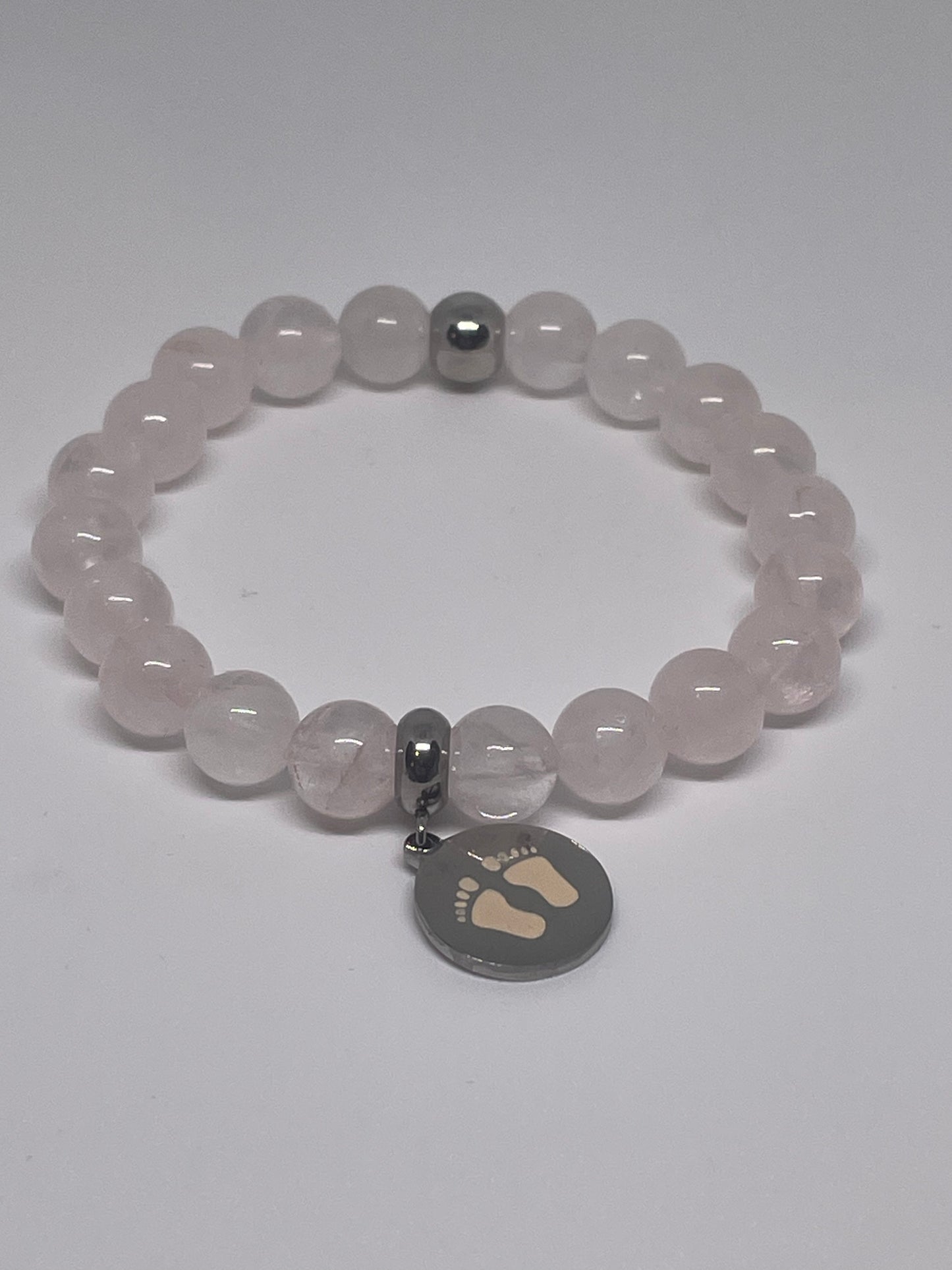 Rose Quartz Beaded Bracelet with Enamel Feet Charm