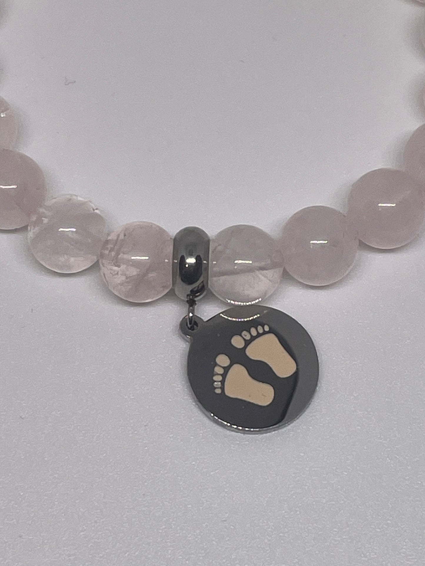 Rose Quartz Beaded Bracelet with Enamel Feet Charm