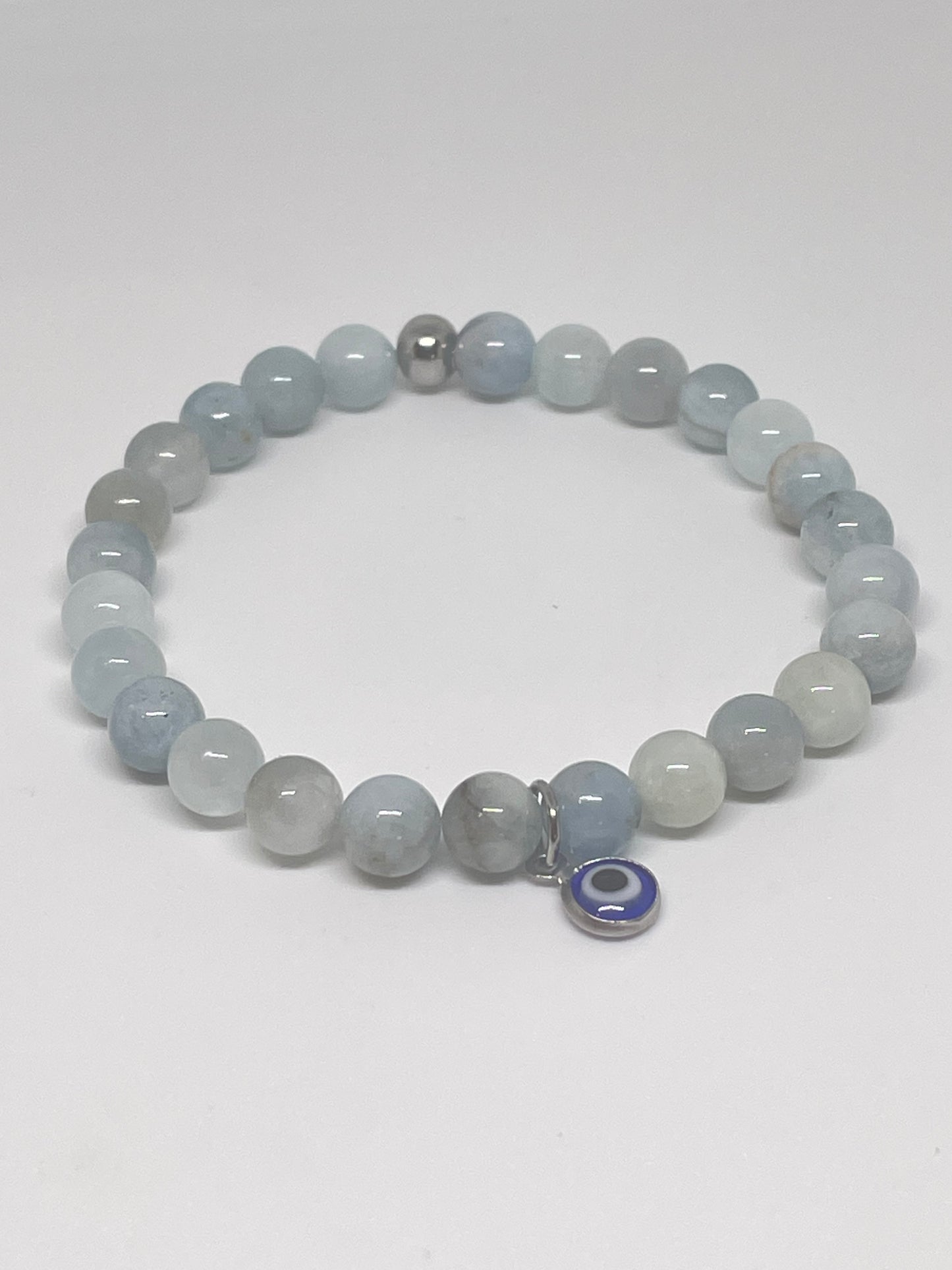 Aquamarine Beaded Bracelet with Evil Eye