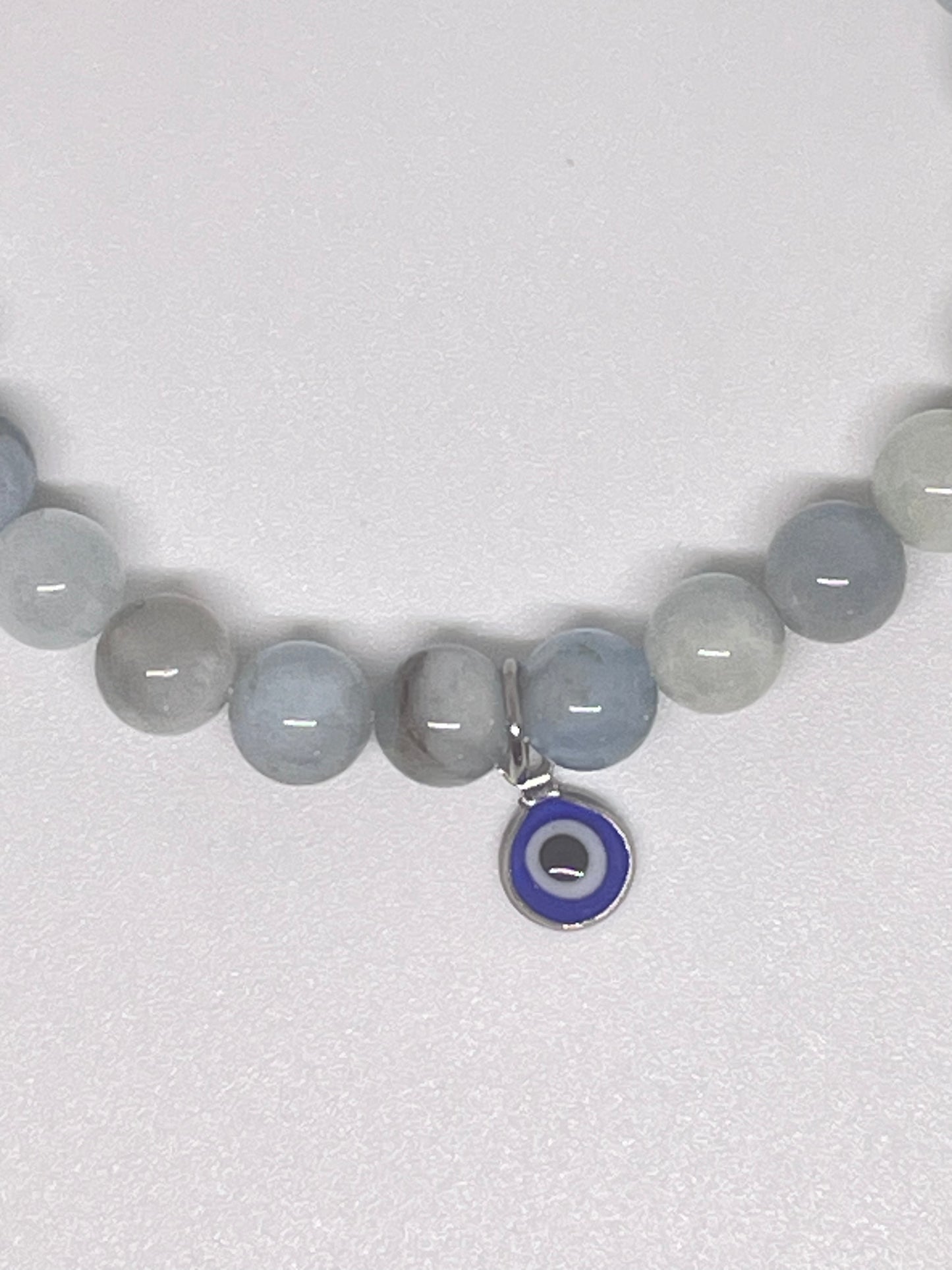Aquamarine Beaded Bracelet with Evil Eye