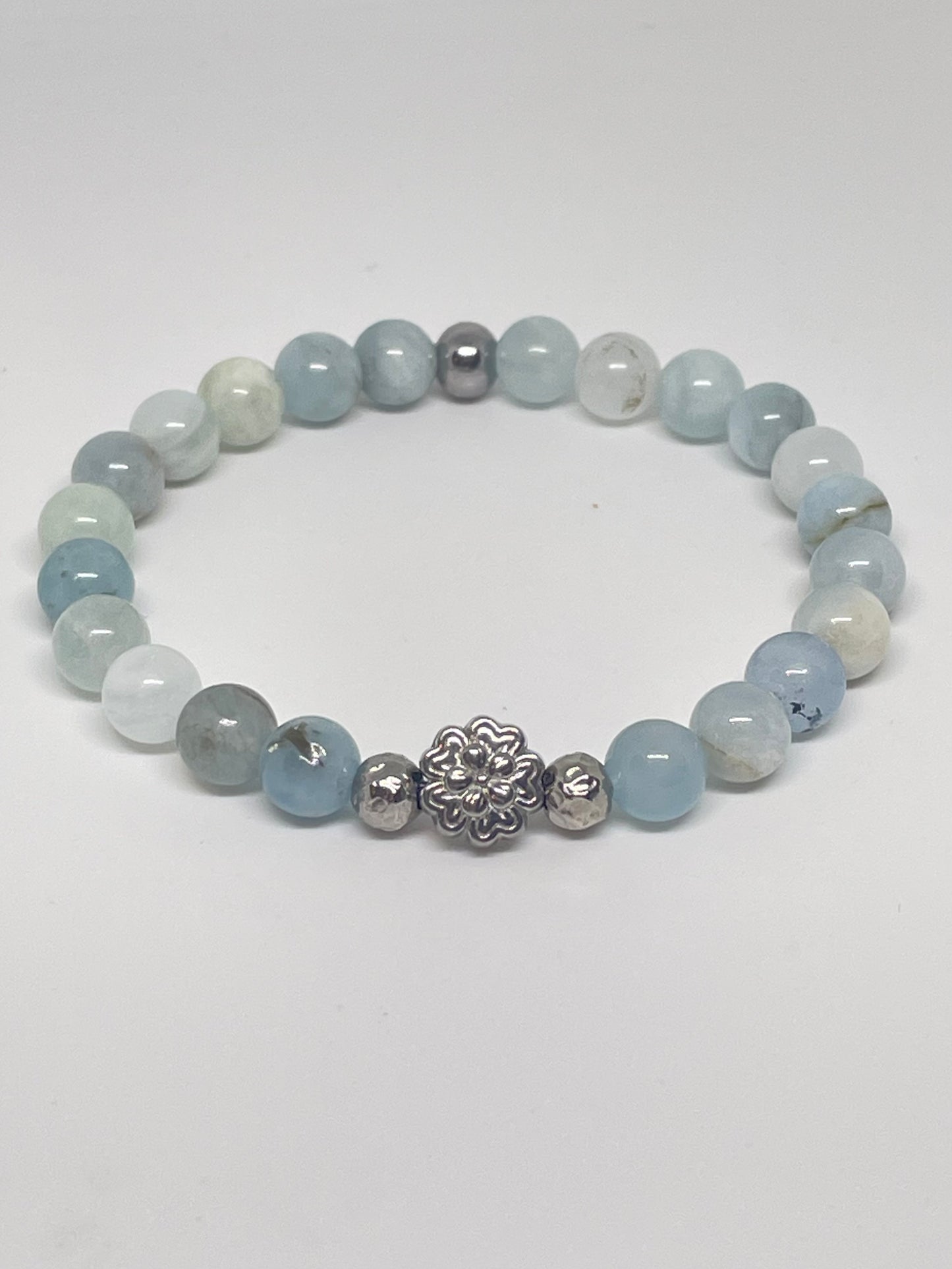 Aquamarine Beaded Bracelet with Flower Bead