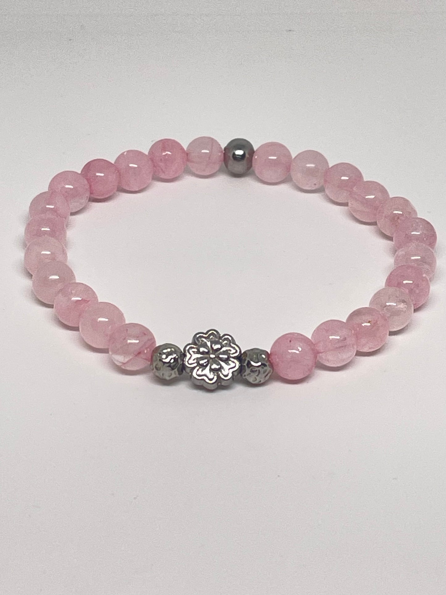 Rose Quartz Beaded Bracelet with a Flower Bead