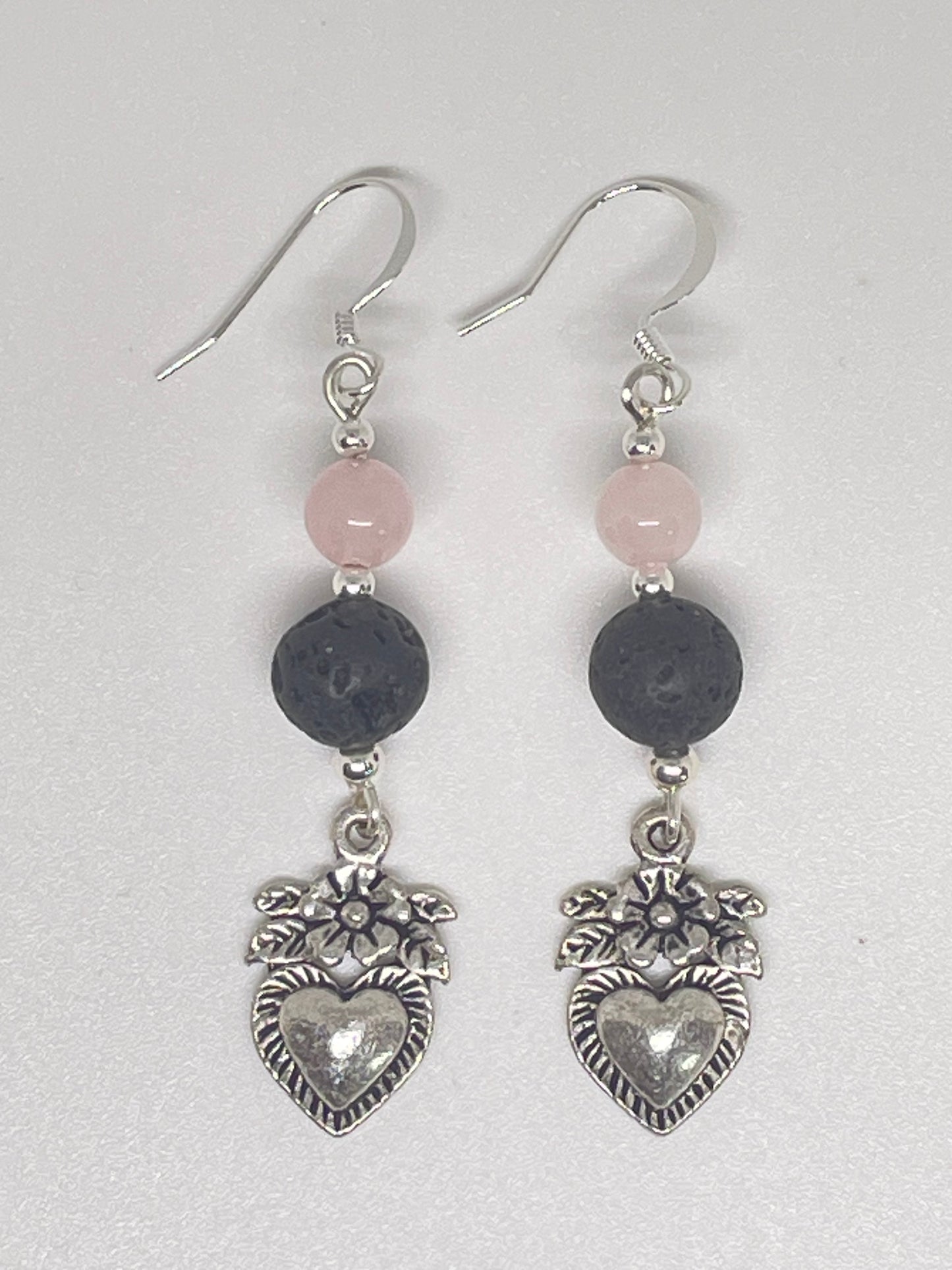 Heart/Flower Earrings with Rose Quartz & Lava Rock