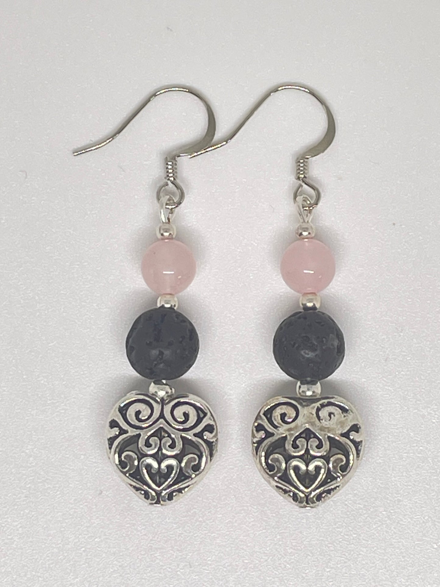 Filigree Heart Earrings with Rose Quartz & Lava Rock