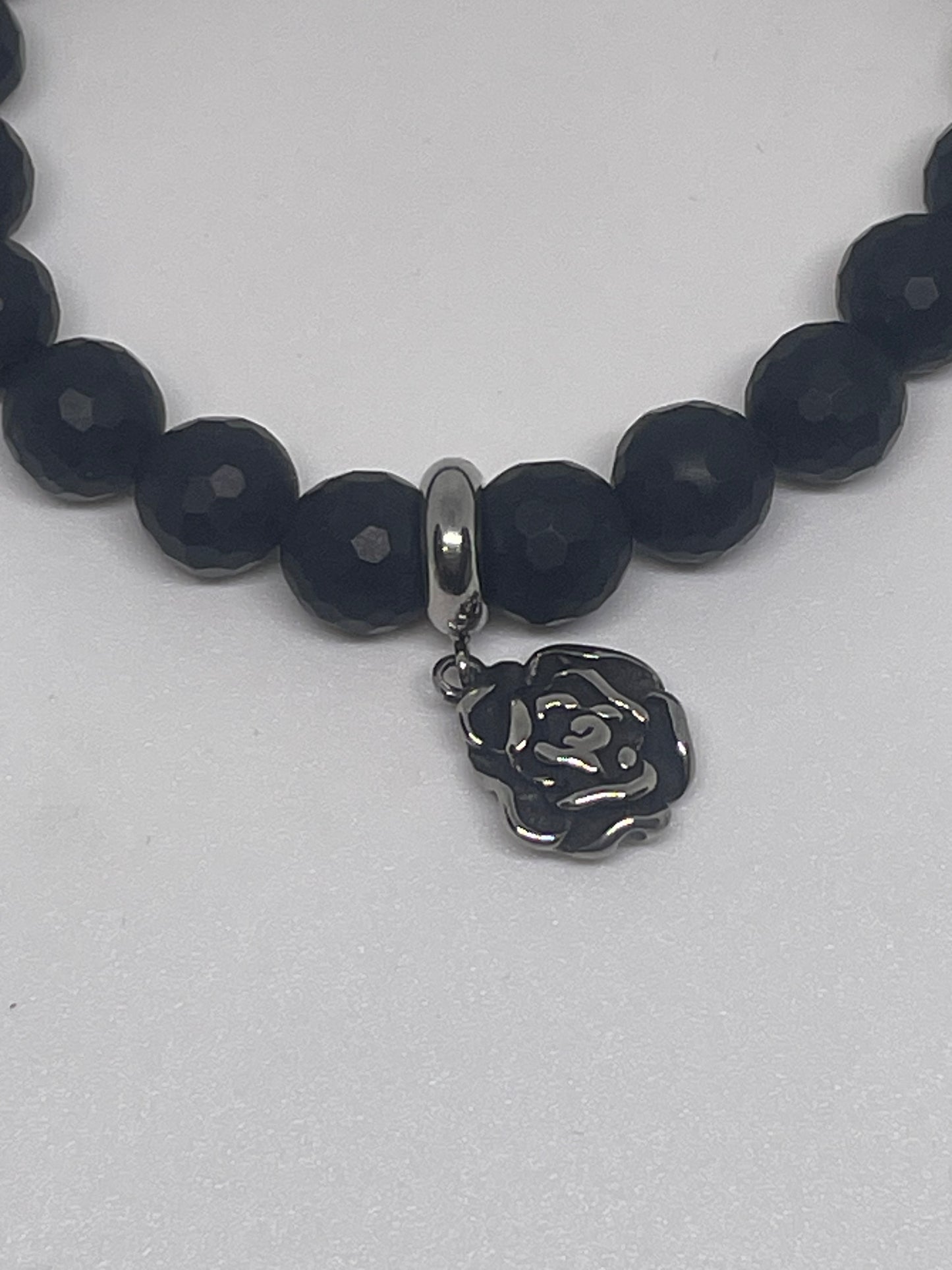 Onyx Beaded Bracelet with a Rose Charm