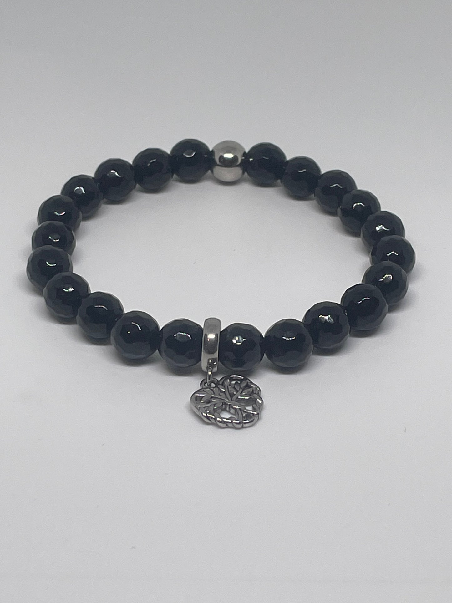 Onyx Beaded Bracelet with Tree of Life Heart Charm