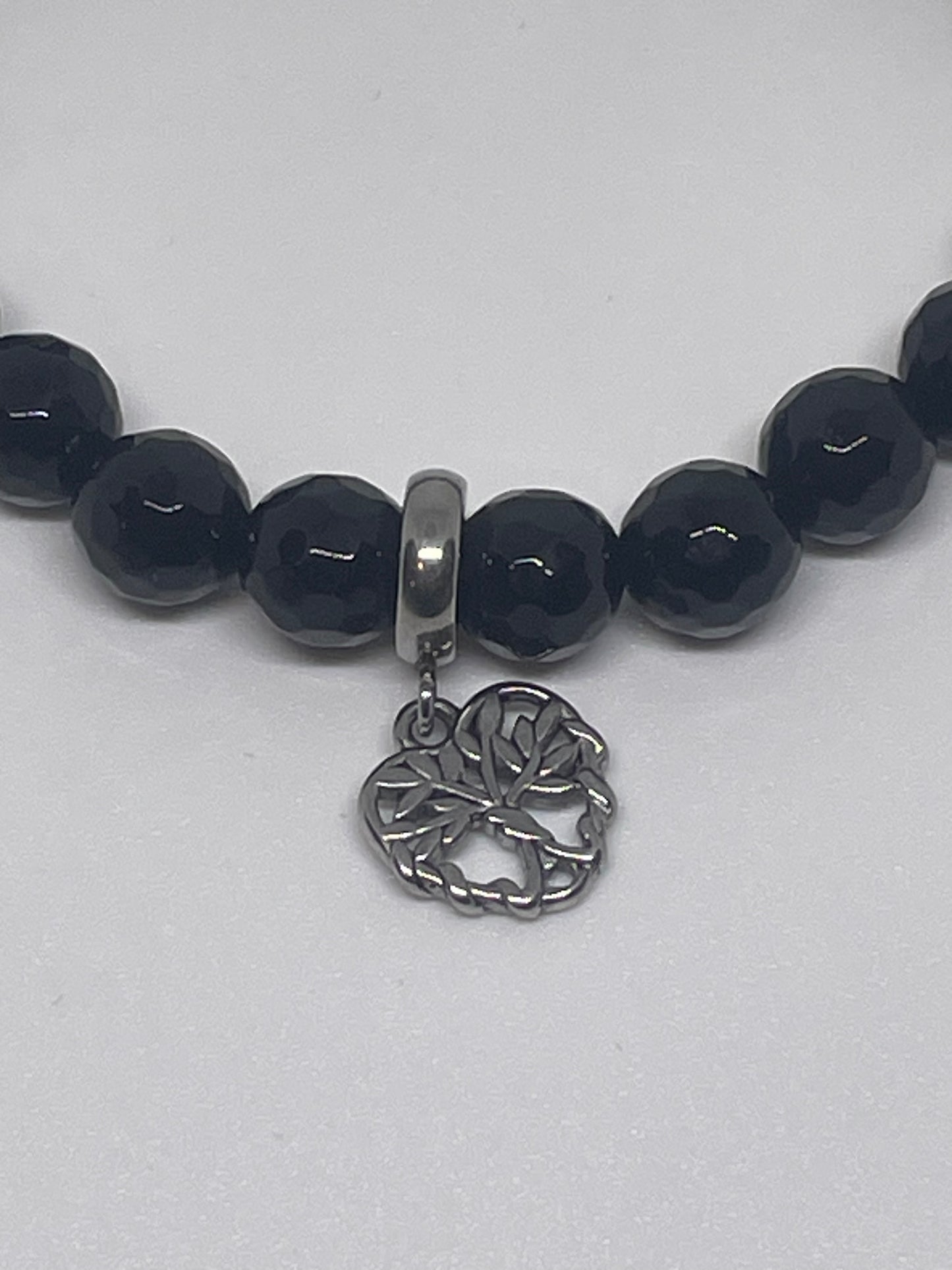 Onyx Beaded Bracelet with Tree of Life Heart Charm