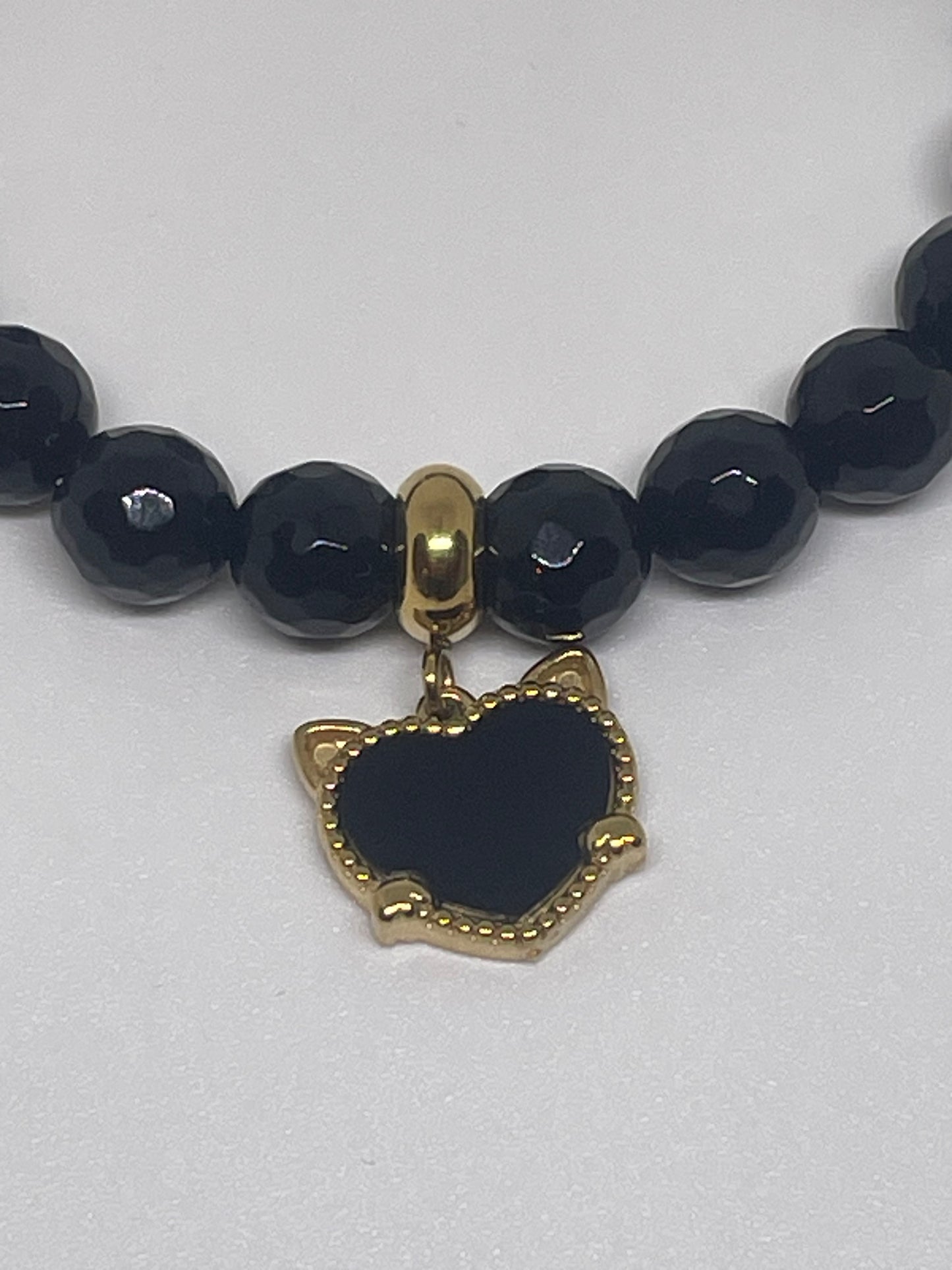 Onyx Beaded Bracelet with a Cat Charm