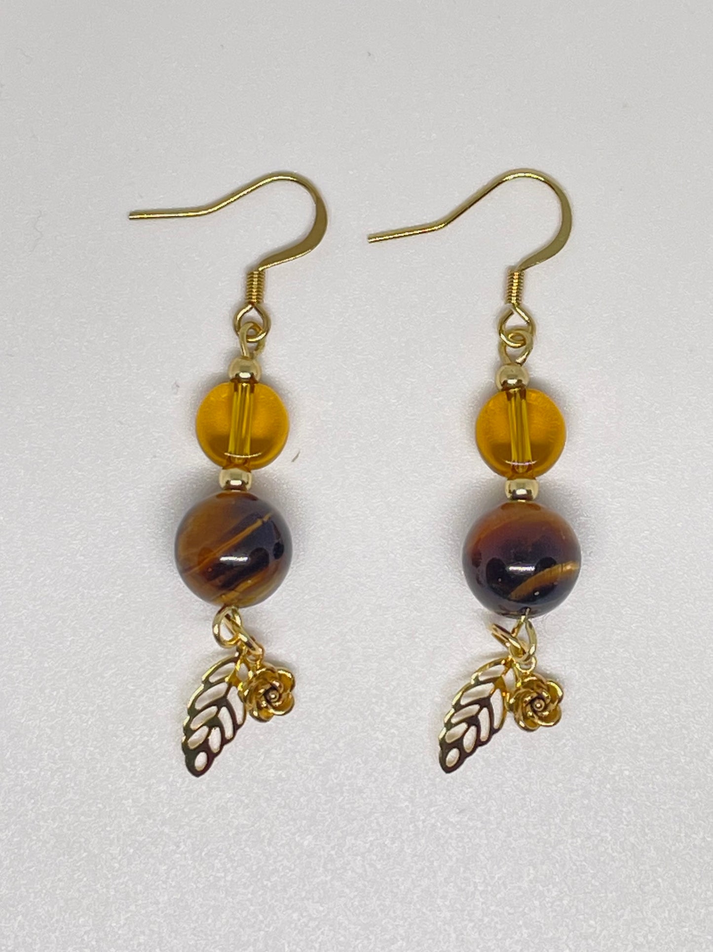 Tigers Eye & Stainless Steel Flower/Leaf Earrings