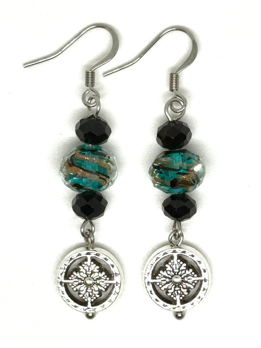 Teal & Black Glass Bead Earrings