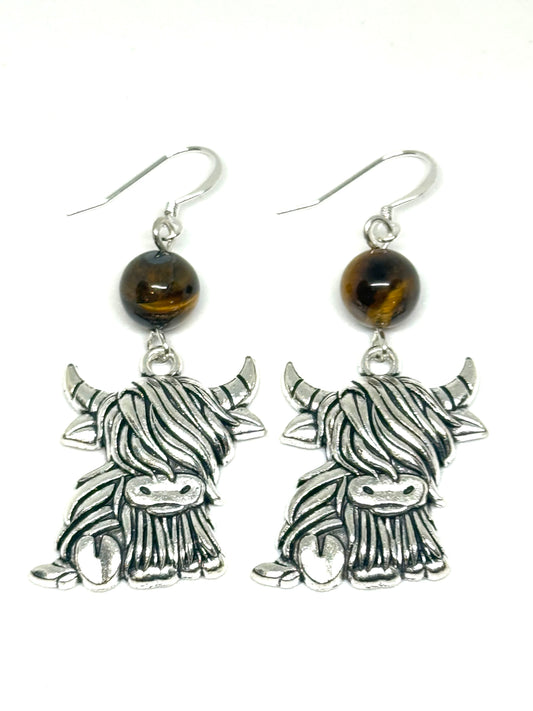 Tigers Eye Highland Cow Earrings