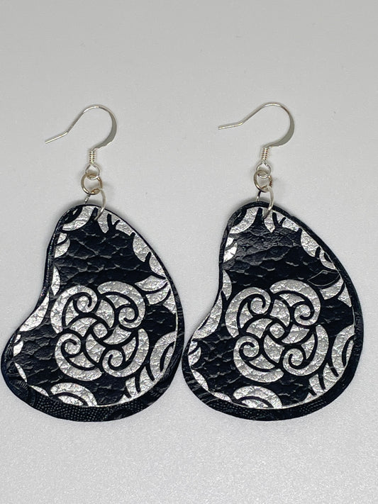 Faux Leather Earrings with Black & Silver Design