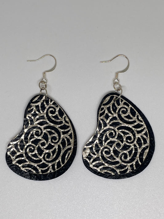 Faux Leather Earrings with Black & Silver Design