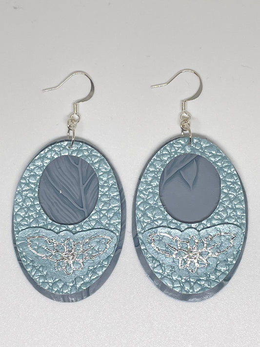 Faux Leather Oval Earrings with Flower Design