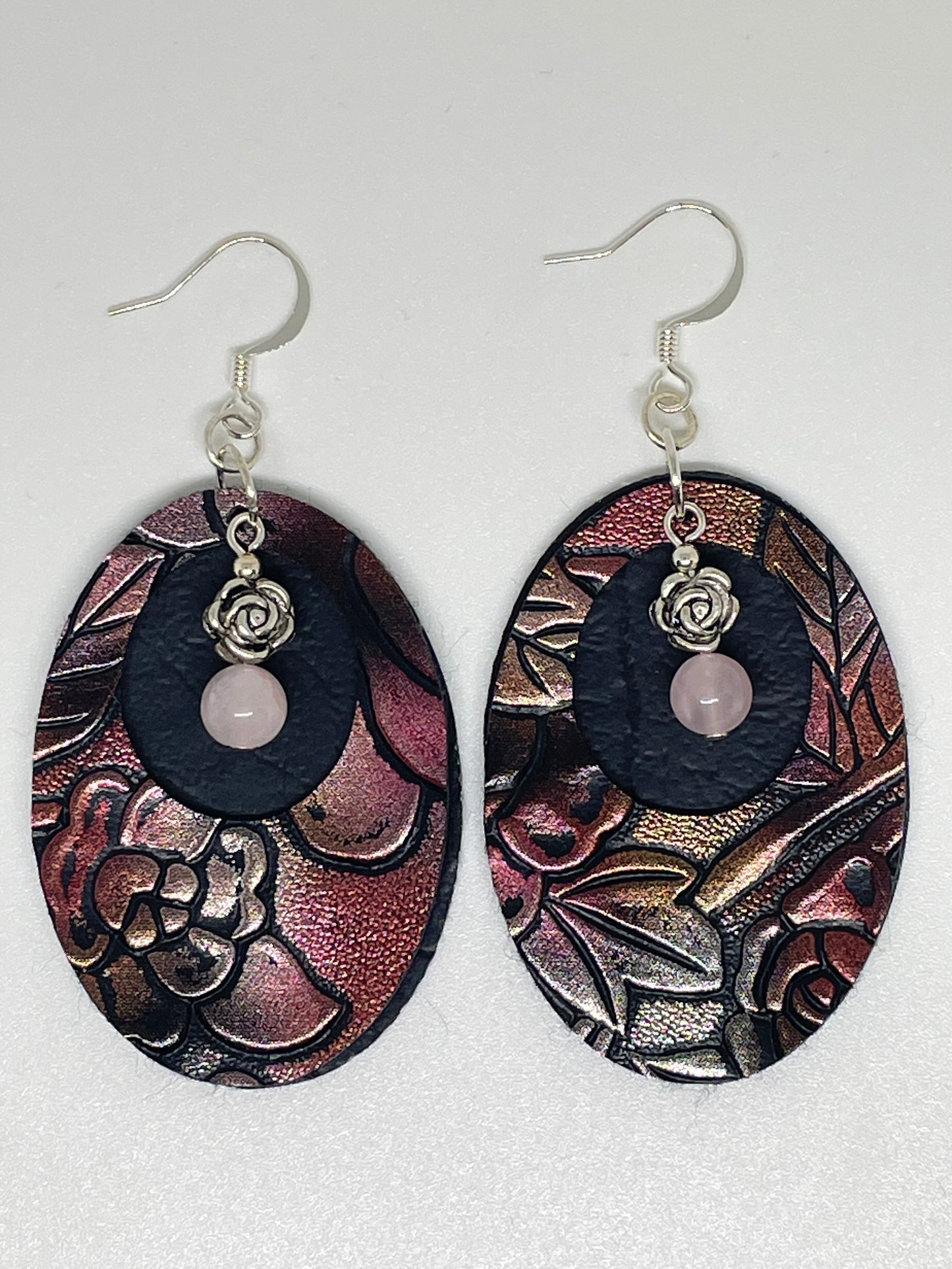 Faux Leather Oval Earrings with Flower Charm and Rose Quartz
