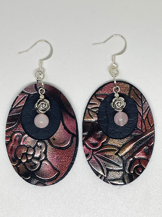 Faux Leather Oval Earrings with Flower Charm and Rose Quartz