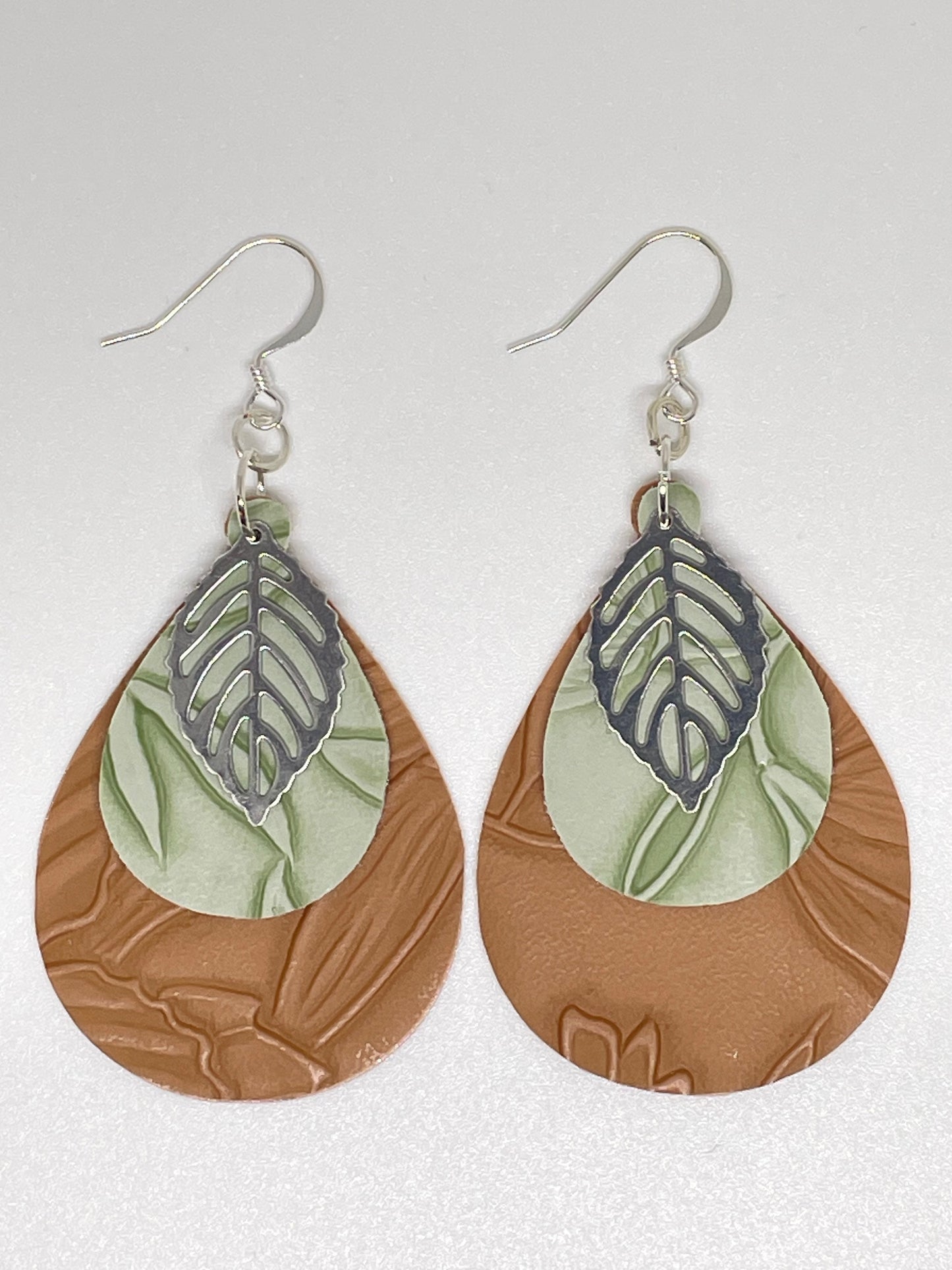 Faux Leather Teardrop Earrings with Leaf Charm