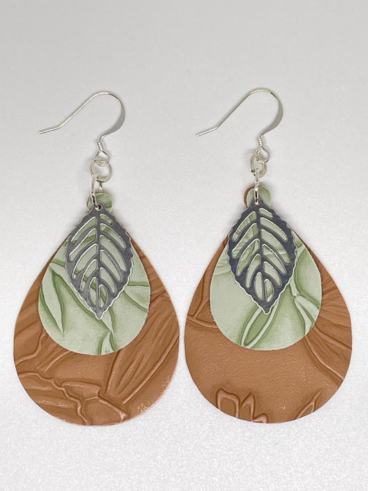 Faux Leather Teardrop Earrings with Leaf Charm