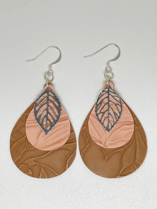 Faux Leather Teardrop Earrings with Leaf Charm