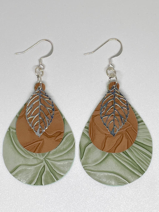 Faux Leather Teardrop Earrings with Leaf Charm