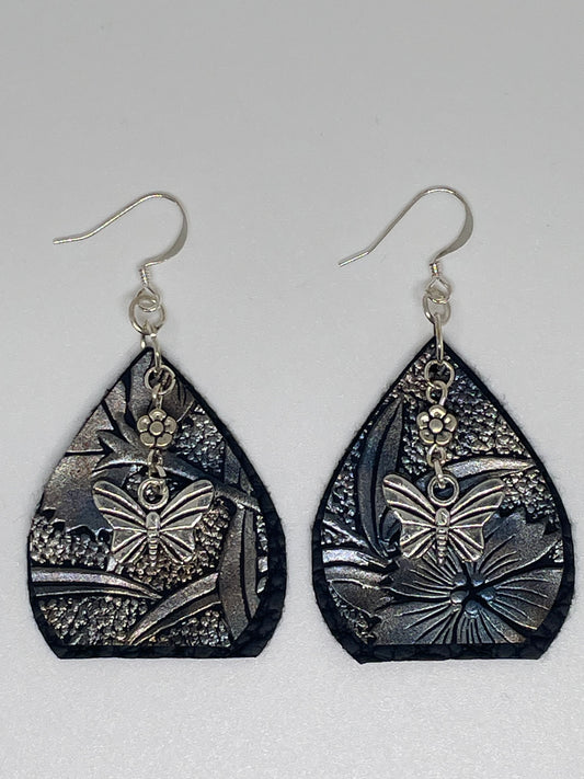 Layered Faux Leather Earrings with Flower & Butterfly Charm