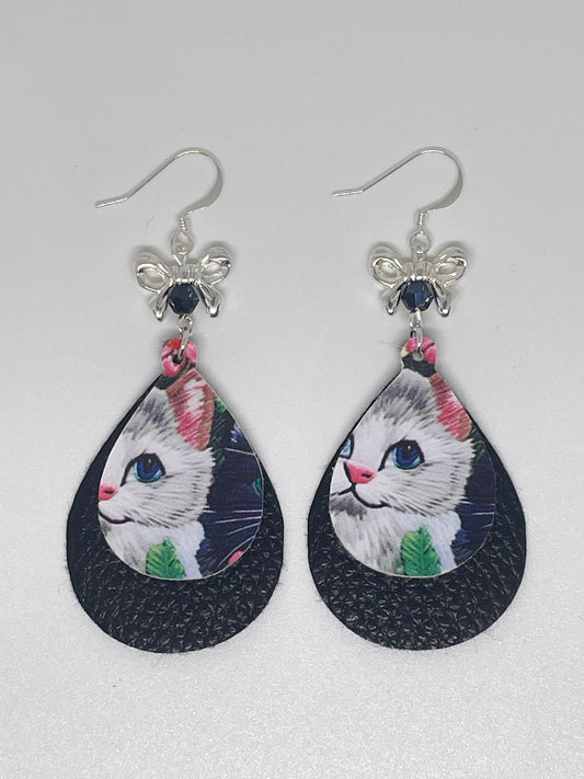 Faux Leather Cat Print Drop Earrings