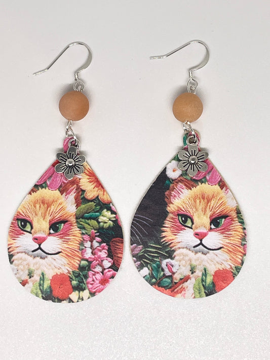 Faux Leather Cat Print Drop Earrings