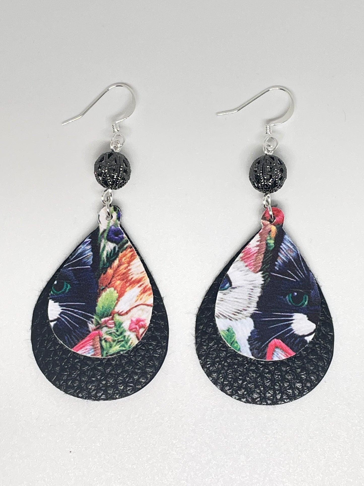 Faux Leather Cat Print Double Layer Drop Earrings