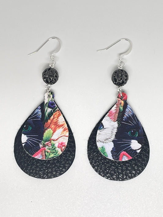 Faux Leather Cat Print Double Layer Drop Earrings