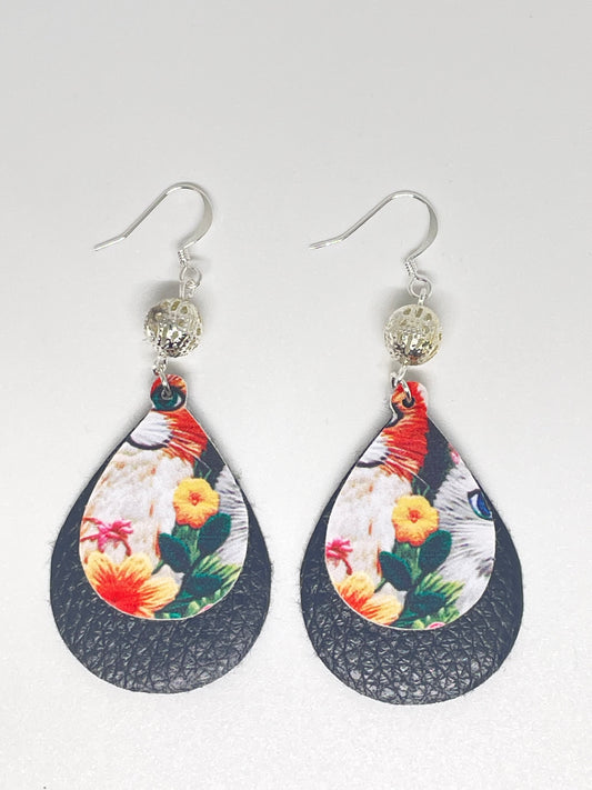 Faux Leather Cat Print Double Layer Drop Earrings
