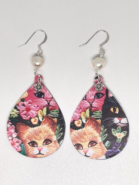 Faux Leather Cat Print Drop Earrings