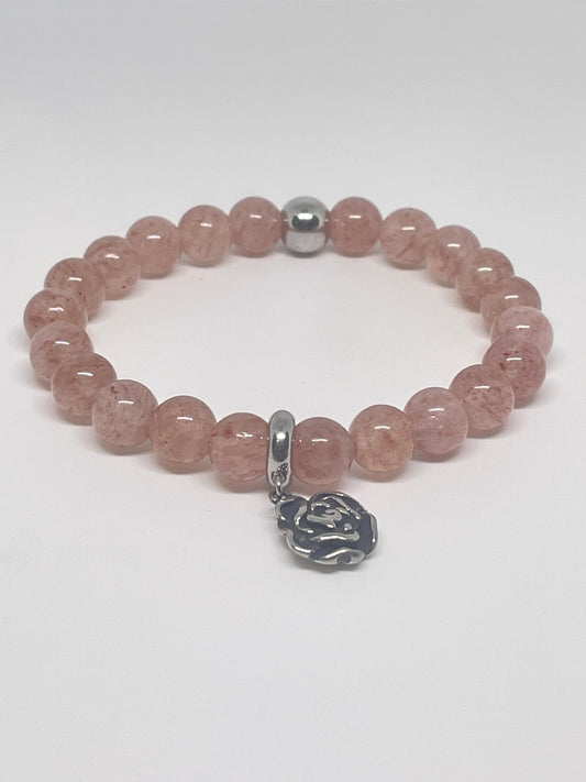 Strawberry Quartz Beaded Bracelet with a Rose Charm