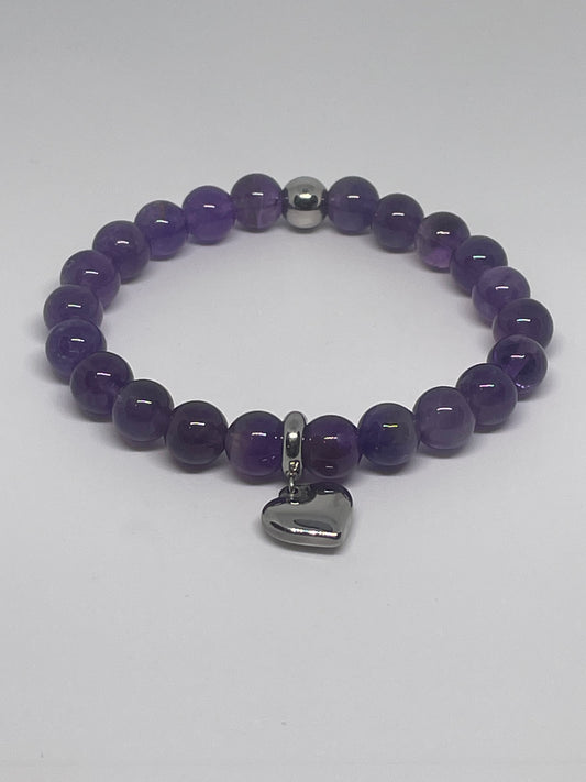 Amethyst Beaded Bracelet with Heart Charm