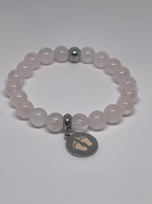 Rose Quartz Beaded Bracelet with Enamel Feet Charm