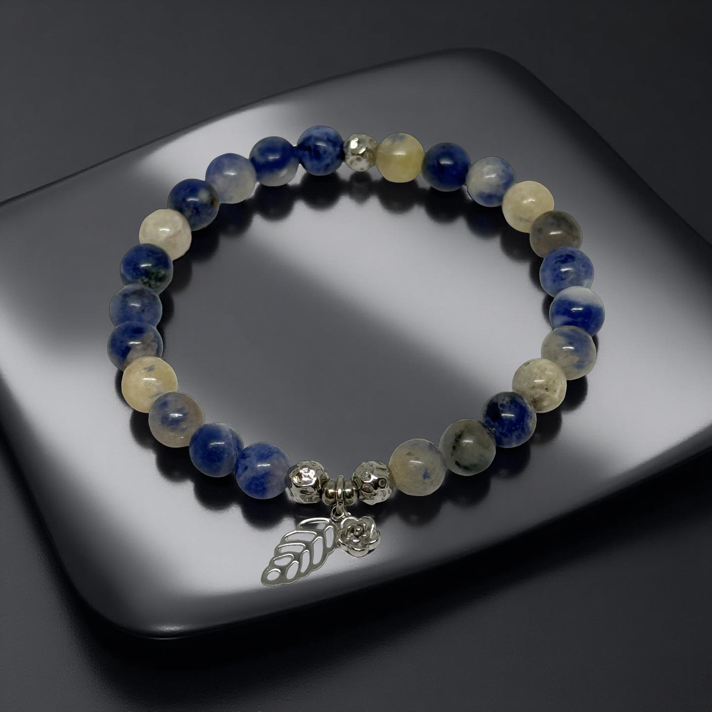 Sodalite Beaded Bracelet with Flower Charm