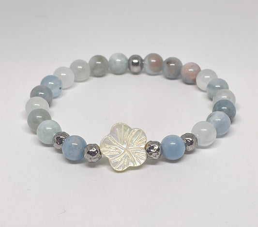 Aquamarine Beaded Bracelet with Shell Flower
