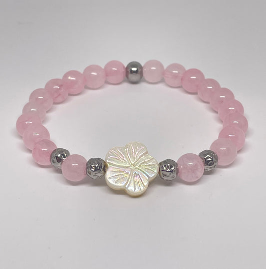Rose Quartz Beaded Bracelet with Shell Flower