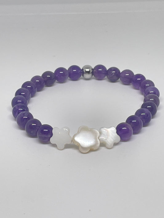 Amethyst Beaded Bracelet with Shell Flowers