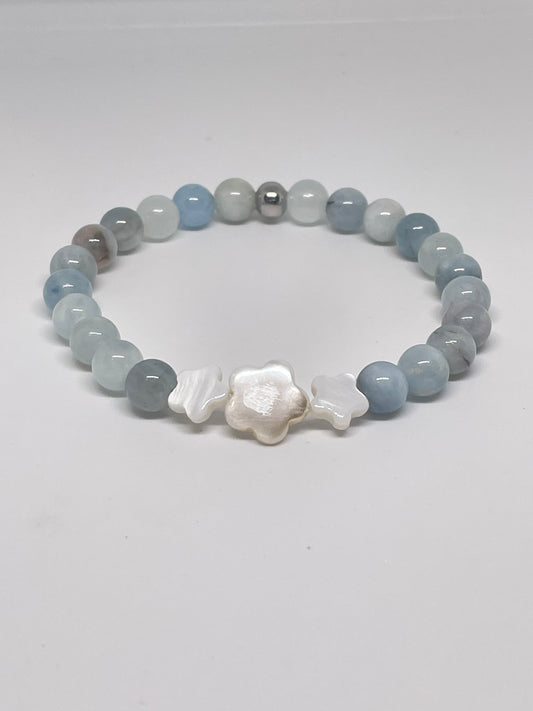 Aquamarine Beaded Bracelet with Shell Flowers