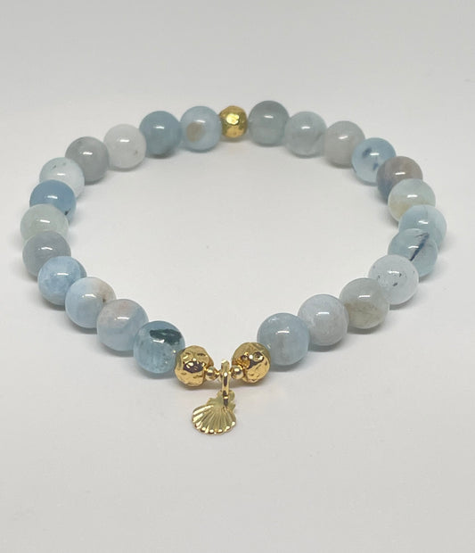 Aquamarine Beaded Bracelet with Shell Charm