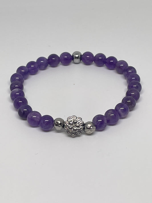 Amethyst Beaded Bracelet with Flower Bead