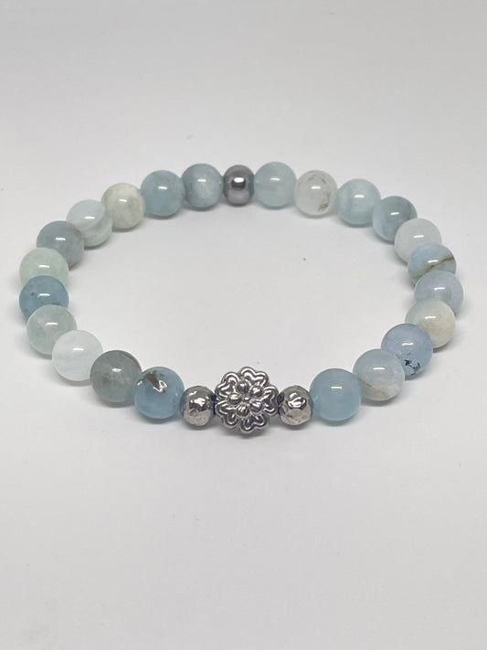 Aquamarine Beaded Bracelet with Flower Bead