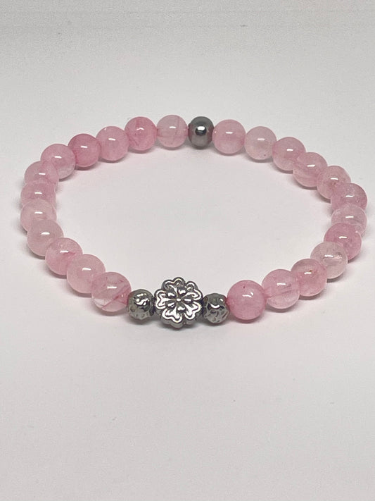 Rose Quartz Beaded Bracelet with a Flower Bead