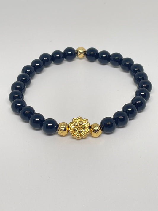 Onyx Beaded Bracelet with Flower Bead